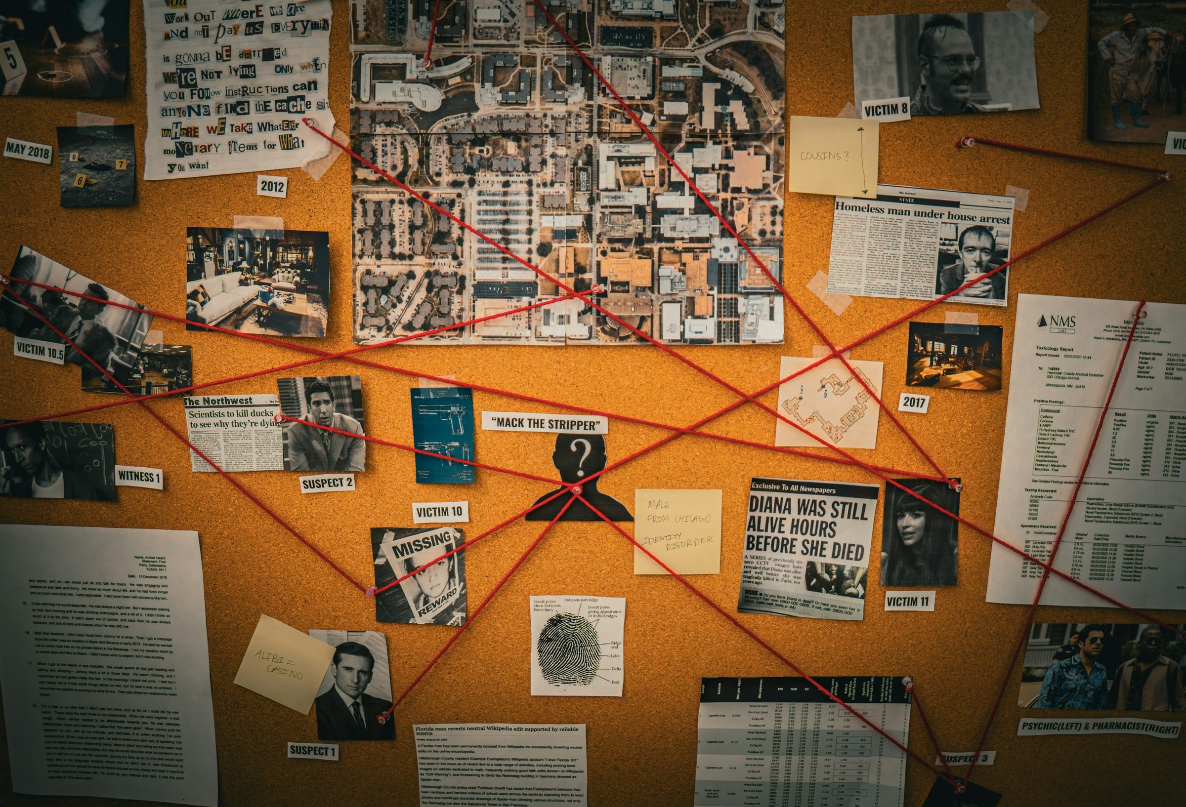 Investigation board with red string connecting photos and documents. Photo: Veer Mickey Shah / Unsplash